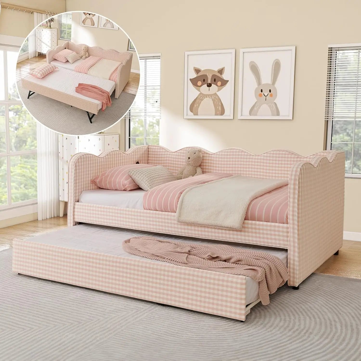 Twin Daybed Pop Up Trundle Linen Upholstered Convertible Sofa