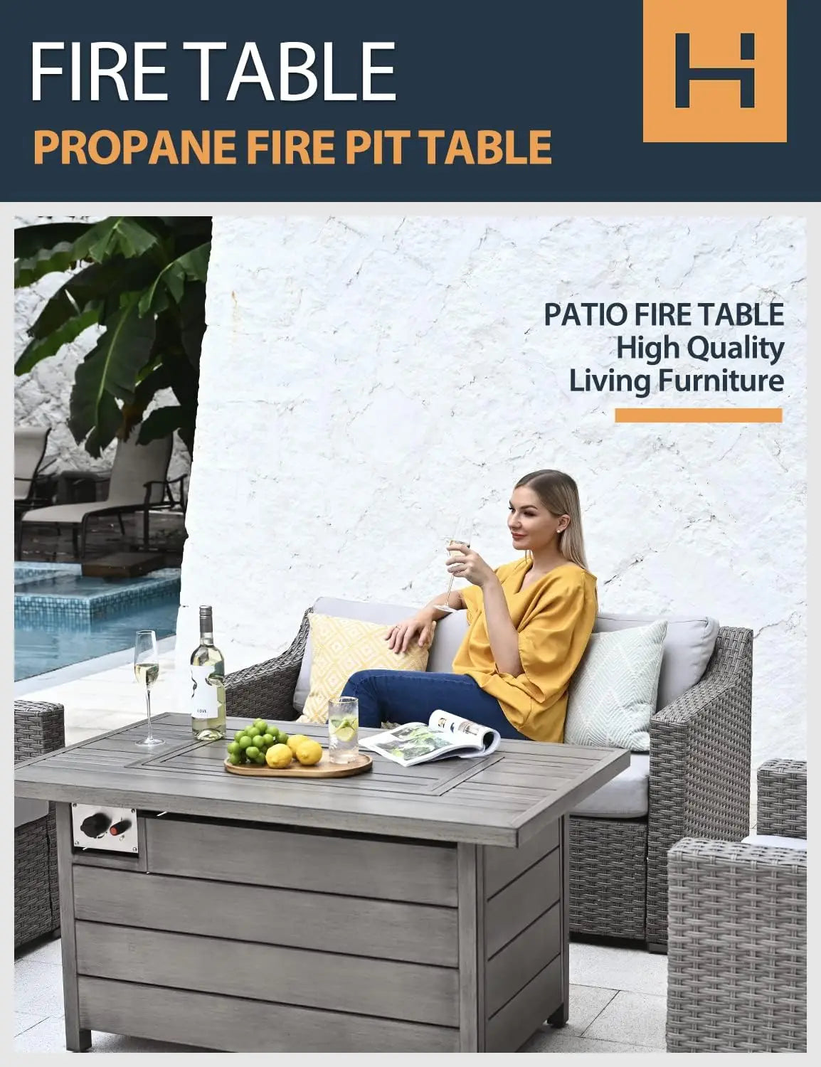 48inch 50000 BTU Gas Fire Pit with Aluminum Slats Table Top