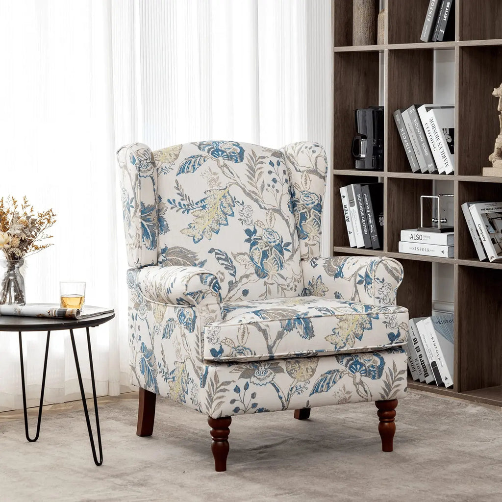 High Back Upholstered Floral Accent Chair with Solid Legs