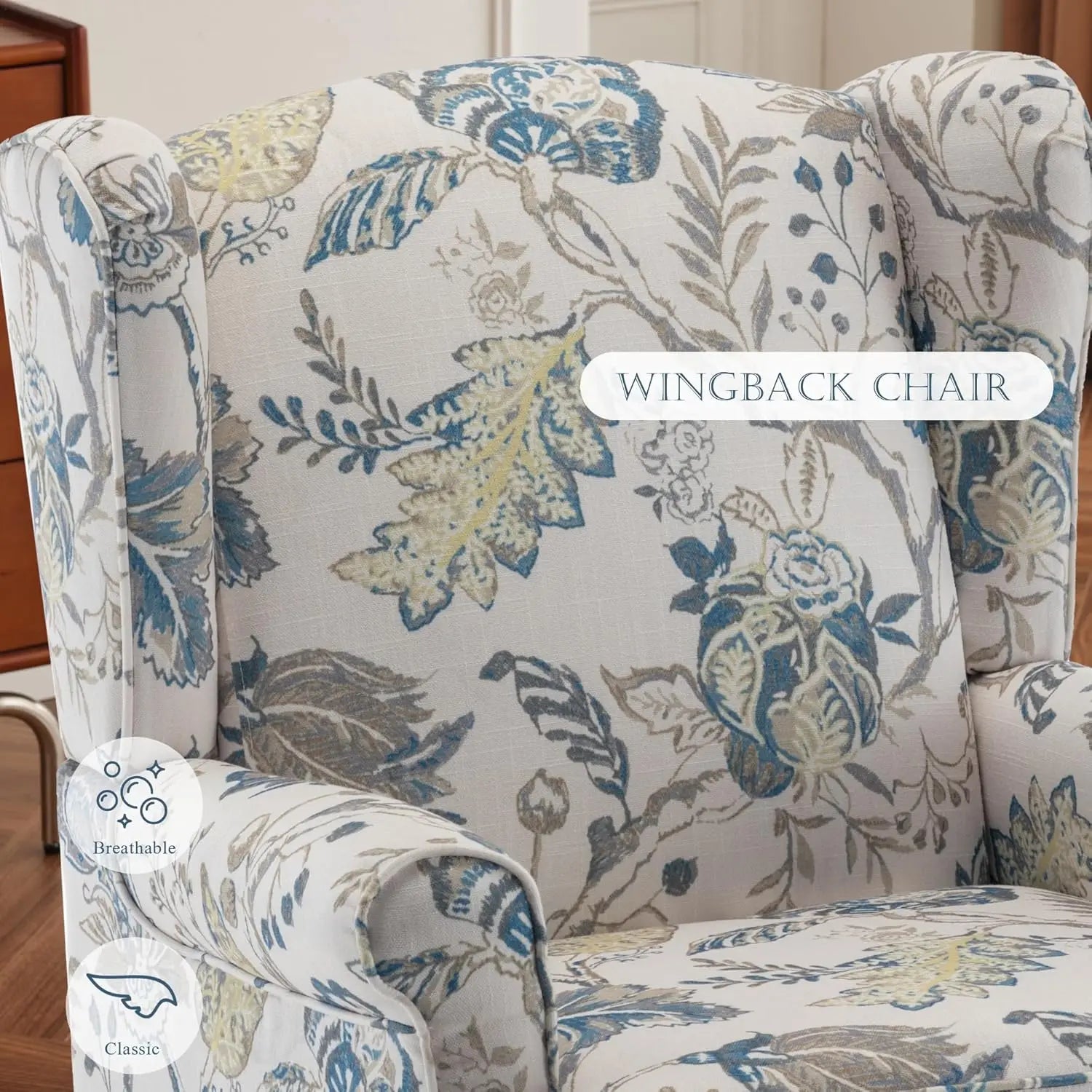 High Back Upholstered Floral Accent Chair with Solid Legs
