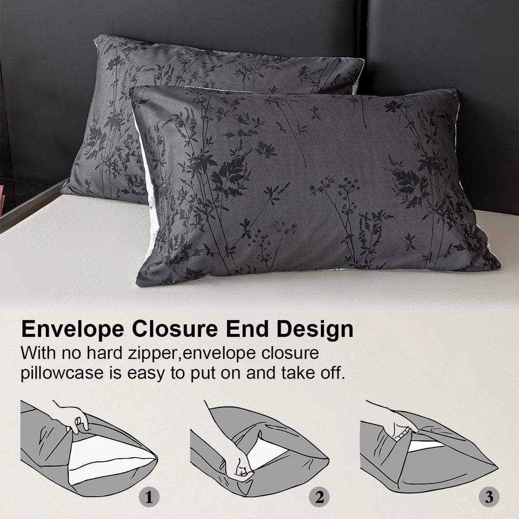 Black and White Plant Print Three-Piece Duvet Cover Set (T-K)