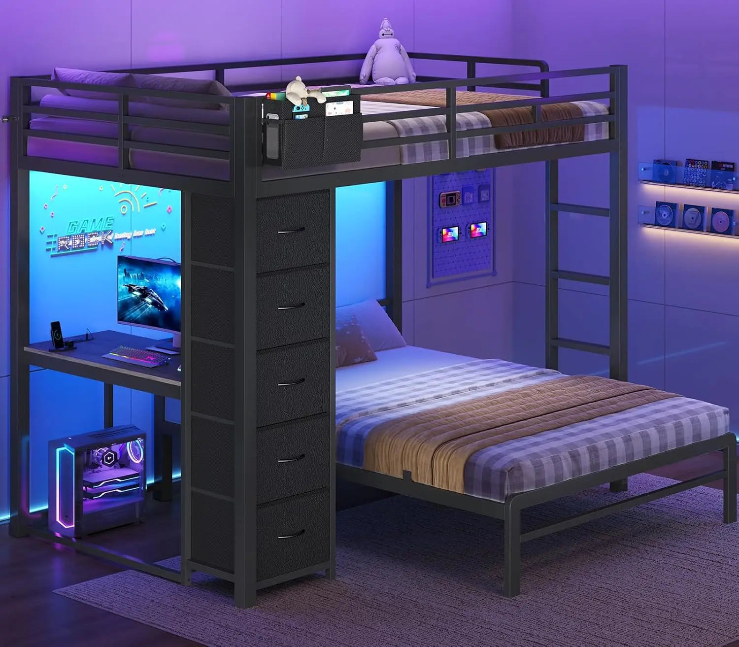 Full Bunk Bed with Desk,  5 Storage Drawers & Charging Station, LED Lights