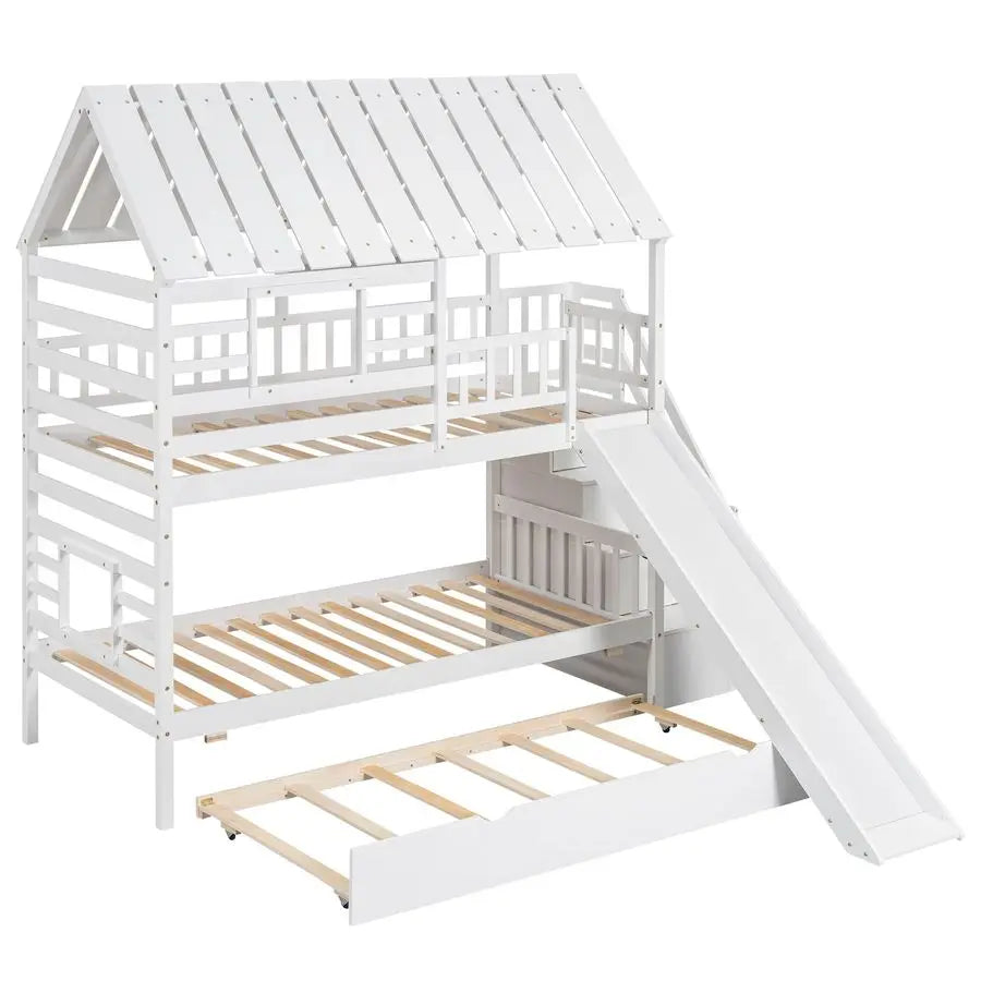 Harper Bright Designs Kids Bunk Beds with extra trundle,  slide and stairs. Tree house like.
