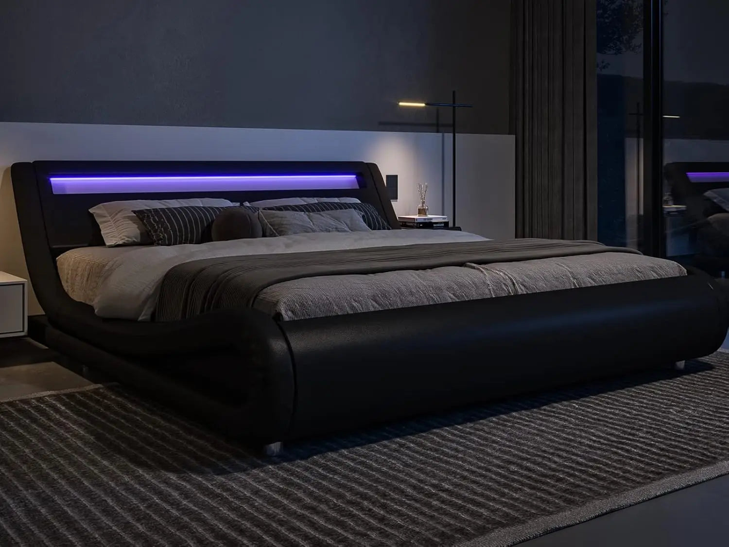 LED Platform Bed Frame with Adjustable Headboard/Need/Easy Assembly/Faux Leather Black, Customized