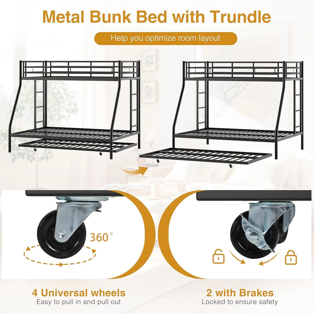 3 beds Metal Twin/Full Bunk Bed with Trundle Steel Frame Guardrails Ladder
