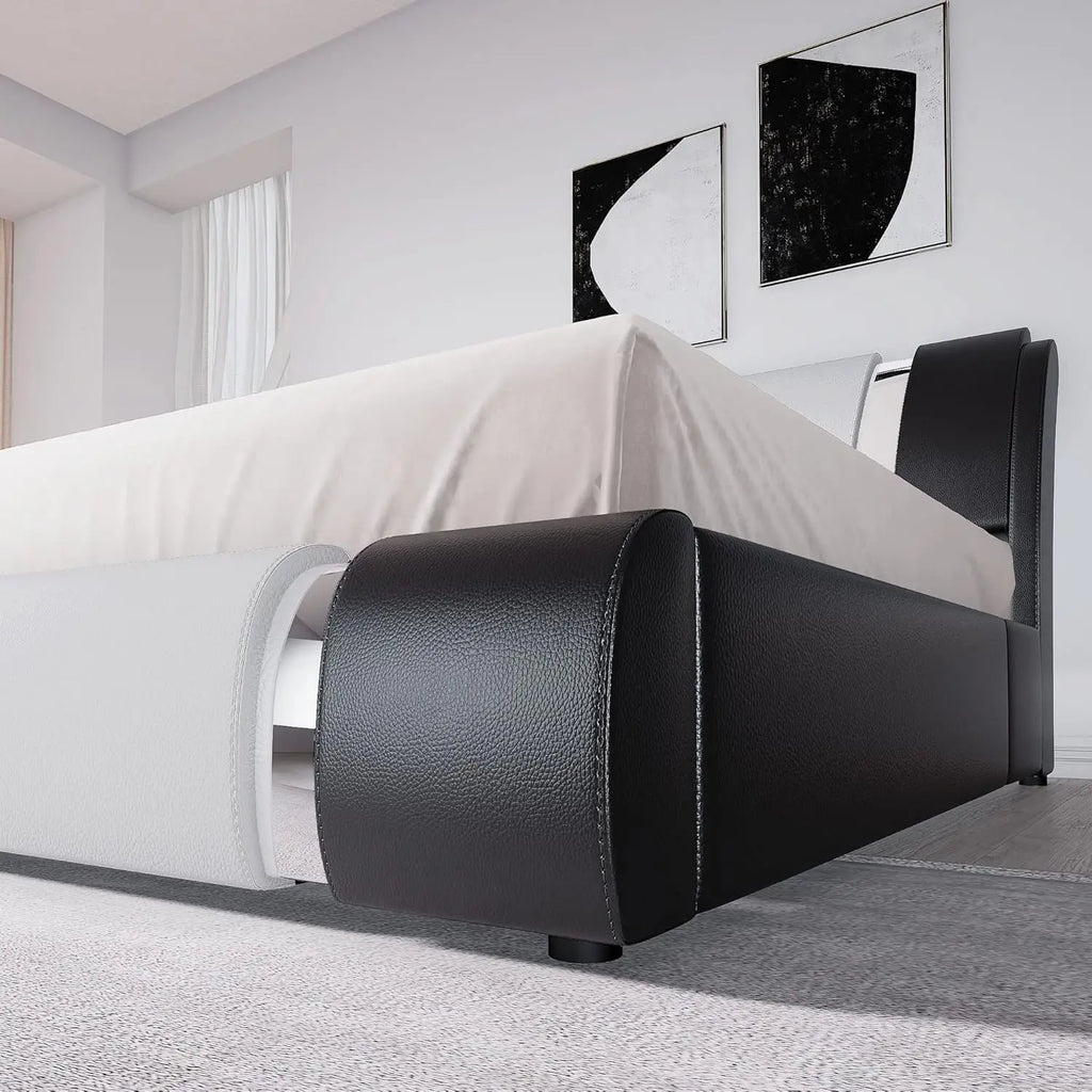 King Upholstered Platform Bed Curved Adjustable Headboard Black & White