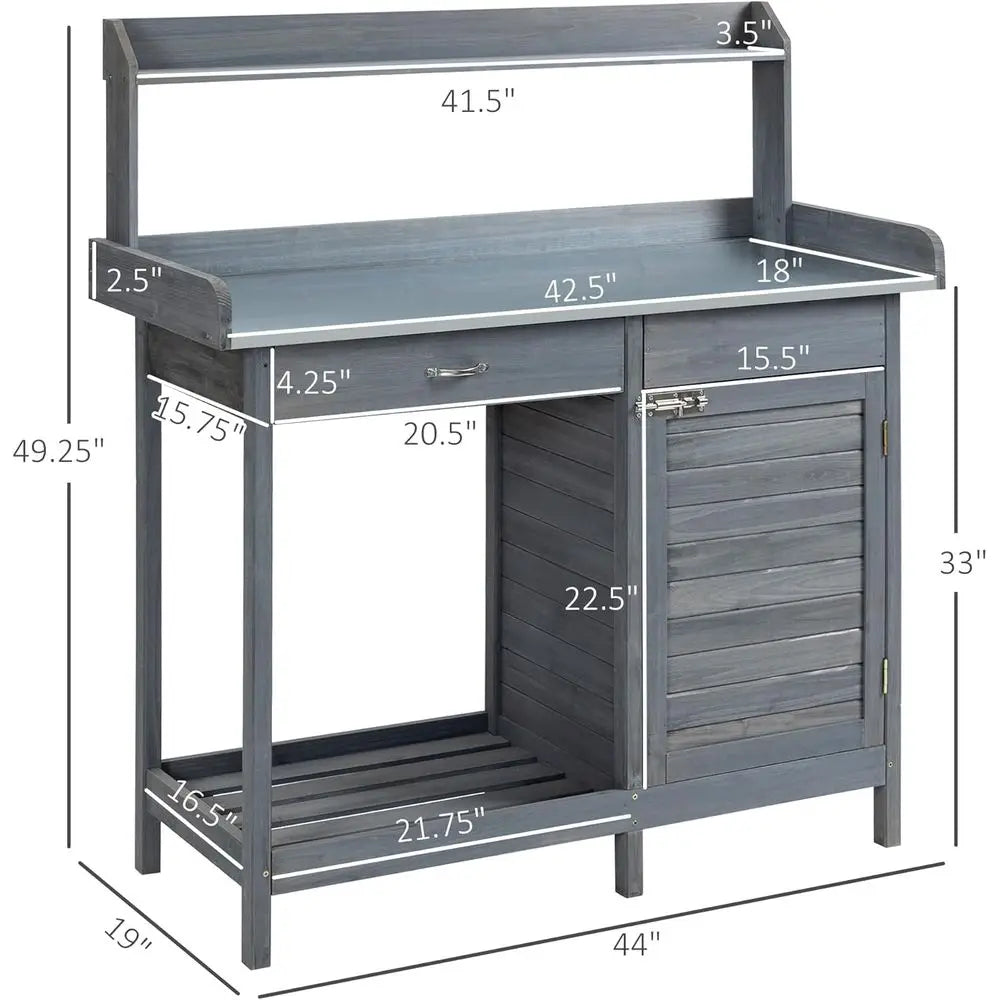 Outdoor Potting Bench Table, Garden Work Station with Storage Cabinet, Open Shelf and Steel Tabletop, Gray