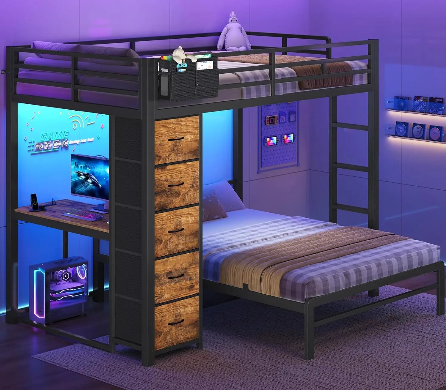 Full Bunk Bed with Desk,  5 Storage Drawers & Charging Station, LED Lights