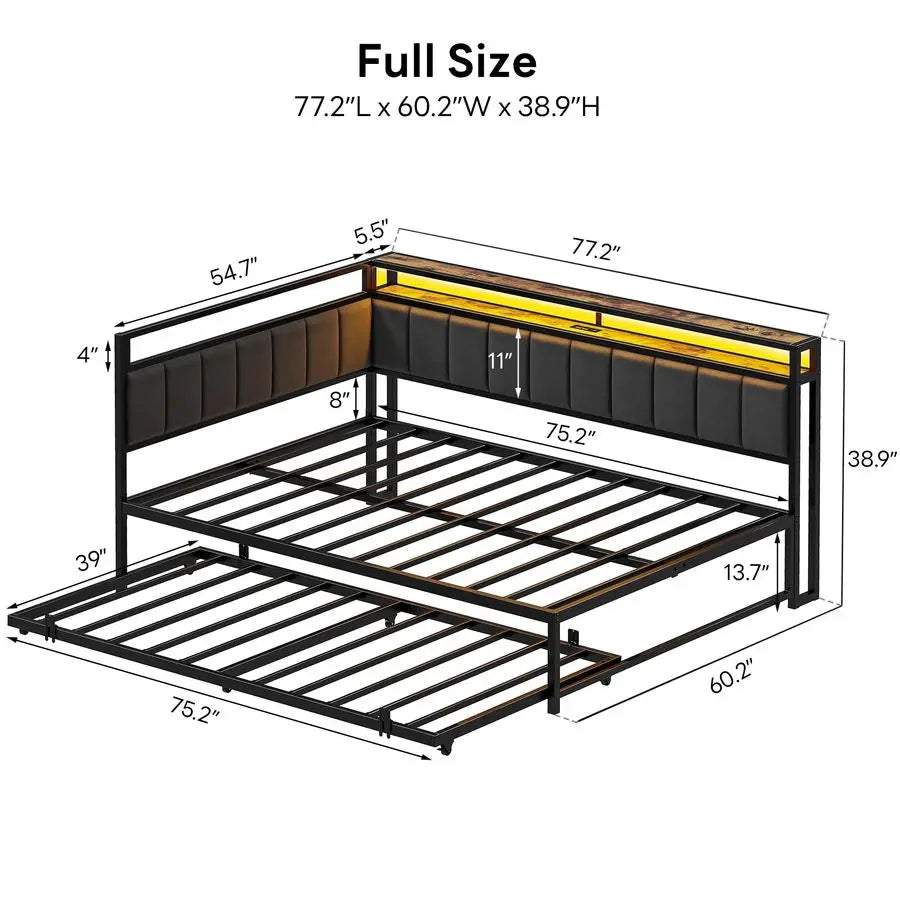 Corner Full Bed Frame with Trundle, Upholstered Storage Headboard
