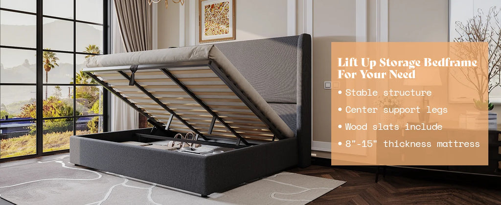 Lift Up Storage Bed King Size Linen Upholstered Platform Bed Frame
