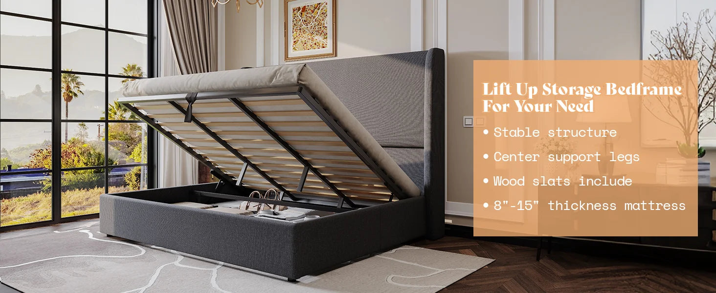 Lift Up Storage Bed King Size Linen Upholstered Platform Bed Frame