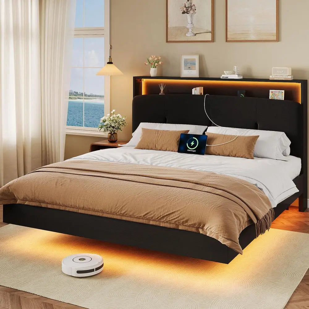 Floating Bed Frame King with Charging Station amp Led Light,