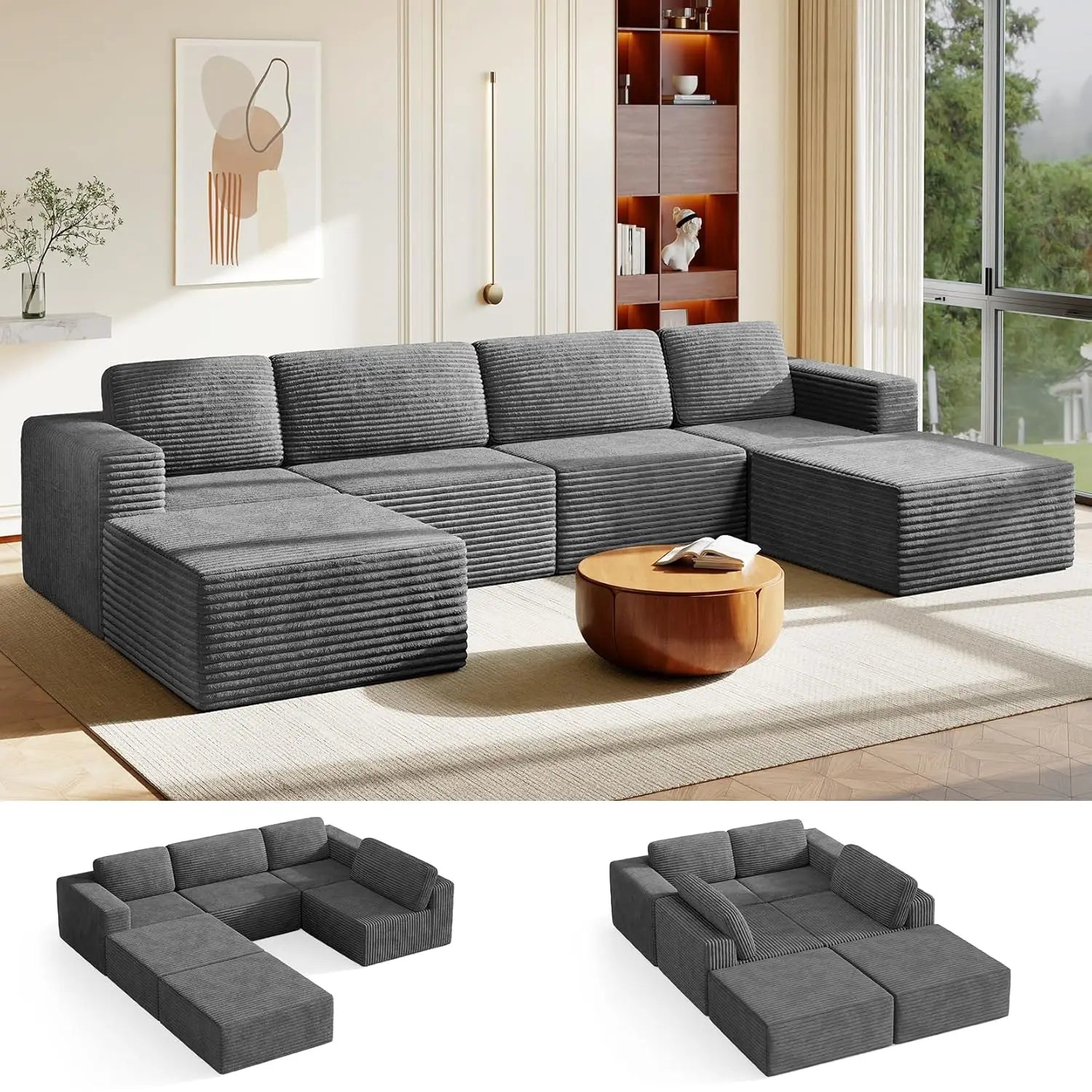 97" L-Shape Modular Sectional Sofa Corduroy 3-Seat, 2-seat & single Seat, Many colors