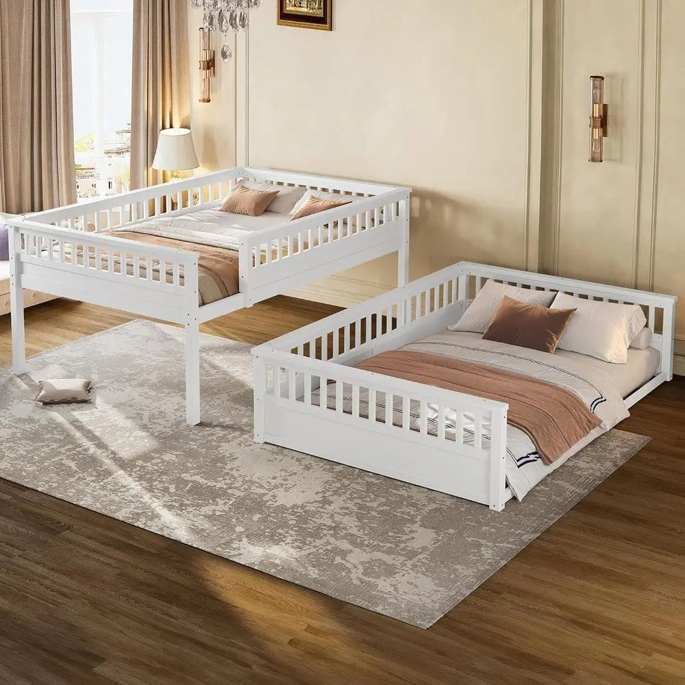 Queen Over Queen Wooden Bunk Bed with Ladder, Guardrail, Detachable