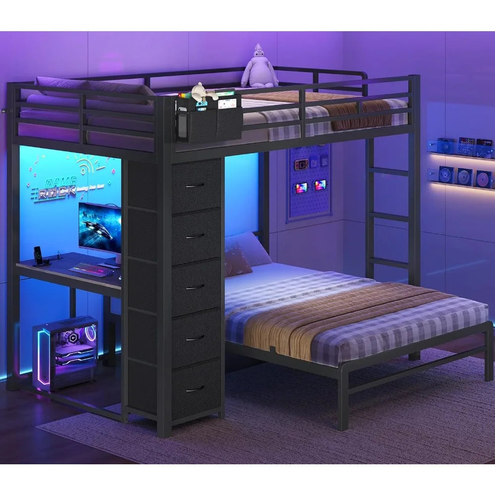 Full Bunk Bed with Desk,  5 Storage Drawers & Charging Station, LED Lights