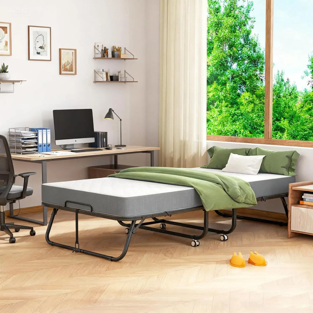 Twin Folding Bed with 5" Mattress, Roll Away Beds for Adults,
