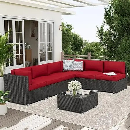 7-Piece Outdoor Patio Furniture Sofa Set Glass Top Table and Cushions(Red)