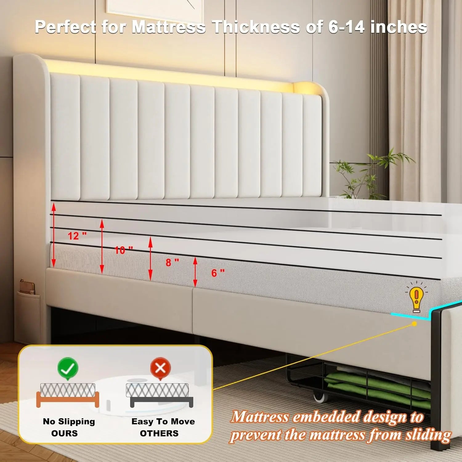 Queen Size Bed Frames with Storage Headboard and 2 Drawers