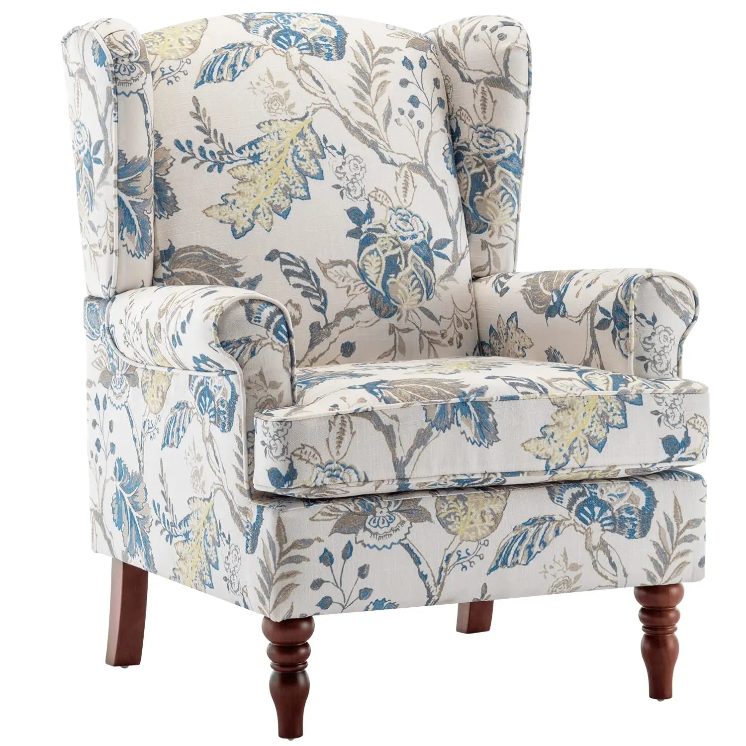 High Back Upholstered Floral Accent Chair with Solid Legs