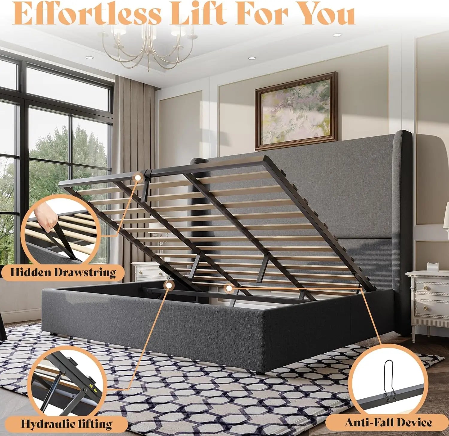 Lift Up Storage Bed King Size Linen Upholstered Platform Bed Frame