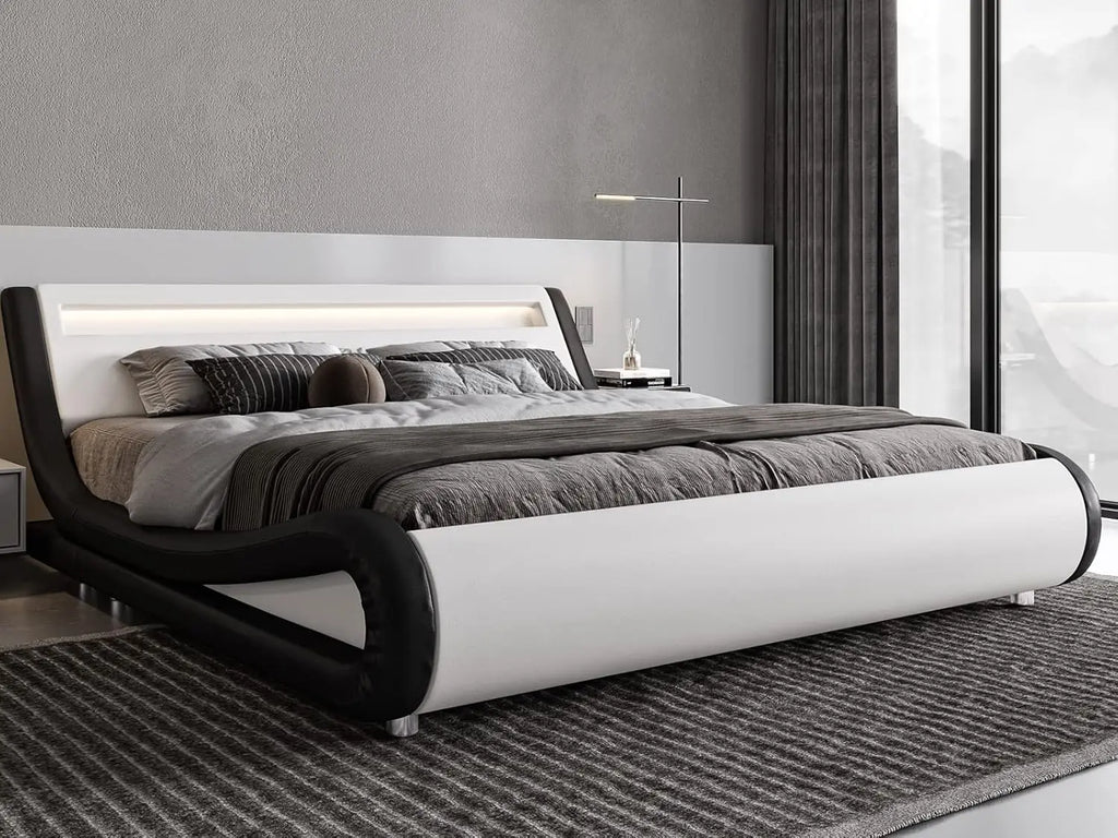 LED Platform Bed Frame with Adjustable Headboard/Need/Easy Assembly/Faux Leather Black, Customized