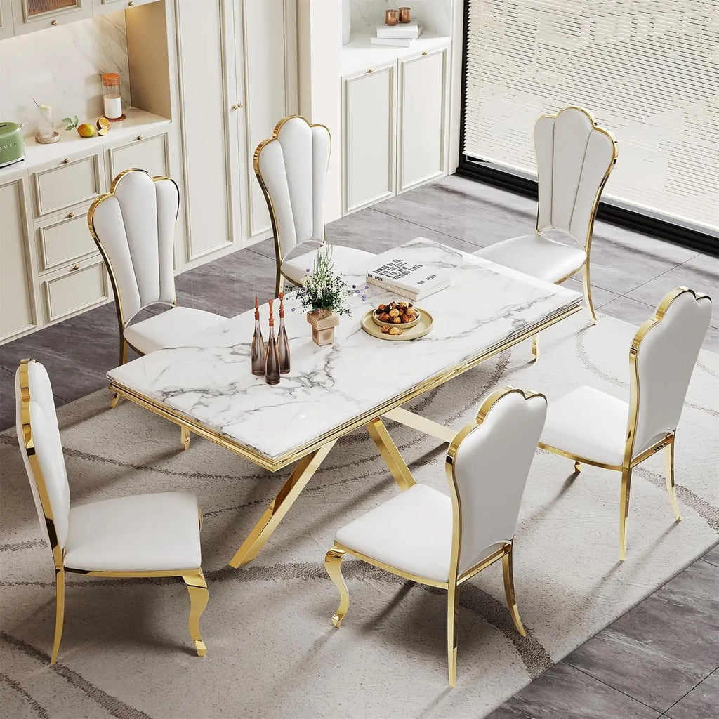 Modern White Marble Dining Table for 6-8 Rectangle 68" Faux Marble Kitchen