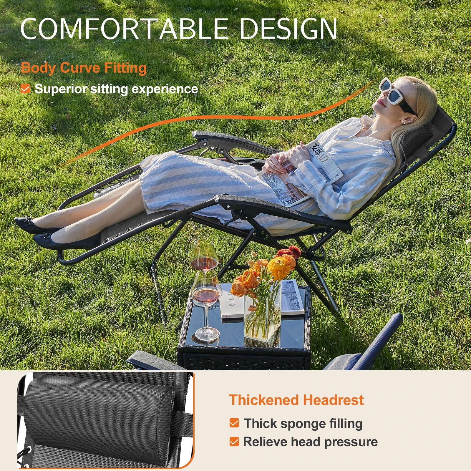 JHK Zero Gravity Portable Recliner Chair with Cup Holder Trays Adjustable Pillow
