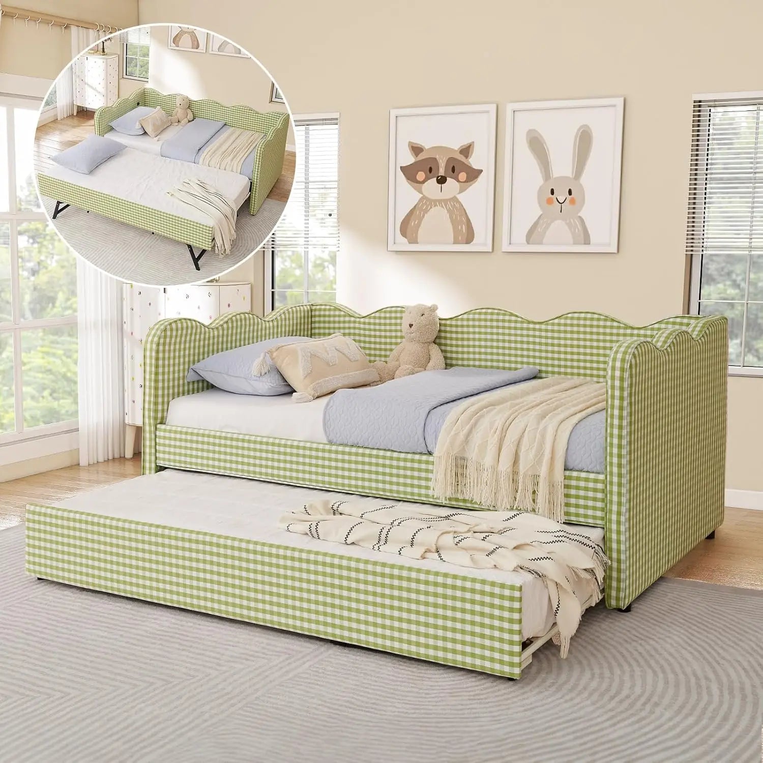 Twin Daybed Pop Up Trundle Linen Upholstered Convertible Sofa