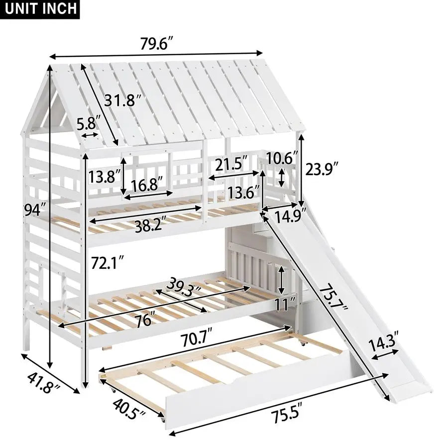 Harper Bright Designs Kids Bunk Beds with extra trundle,  slide and stairs. Tree house like.