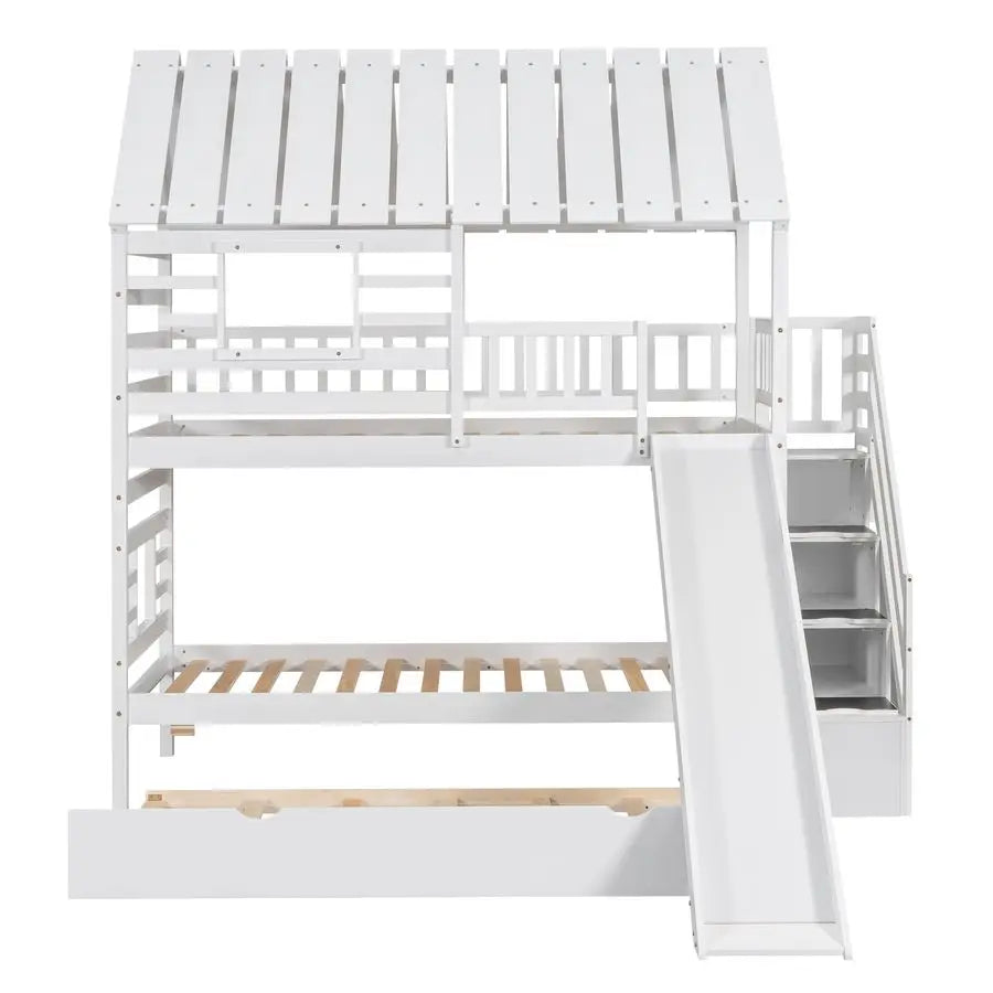 Harper Bright Designs Kids Bunk Beds with extra trundle,  slide and stairs. Tree house like.