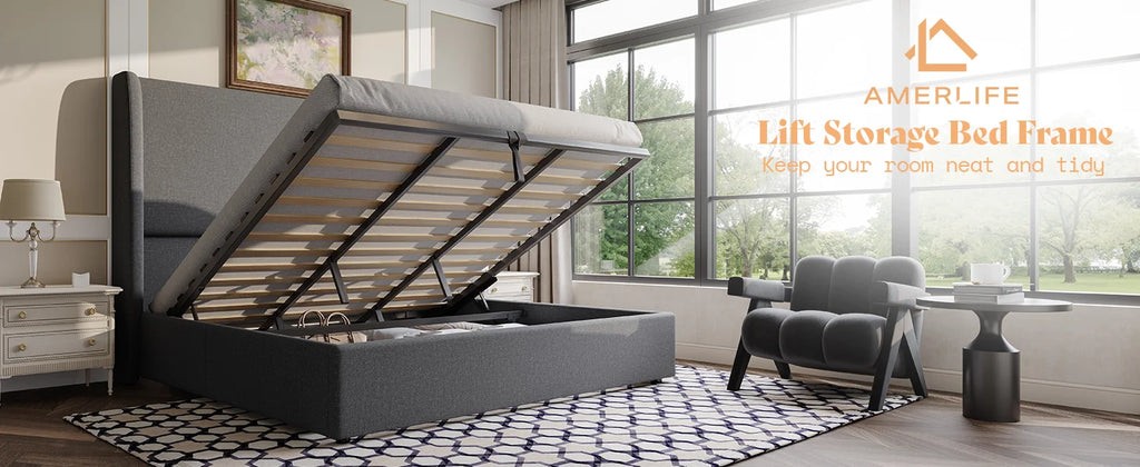 Lift Up Storage Bed King Size Linen Upholstered Platform Bed Frame