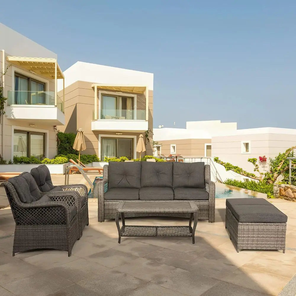6-Piece Grey Wicker Outdoor Patio Furniture Set with Sectional Sofa