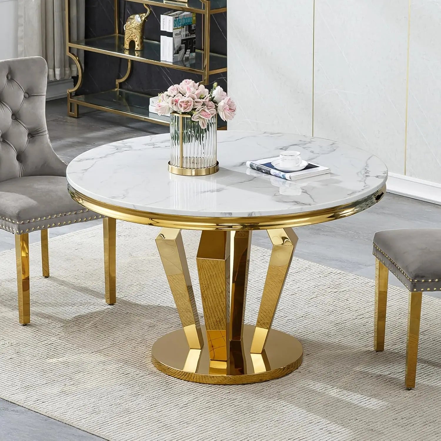 Modern White Marble Dining Table for 6-8 Rectangle 68" Faux Marble Kitchen