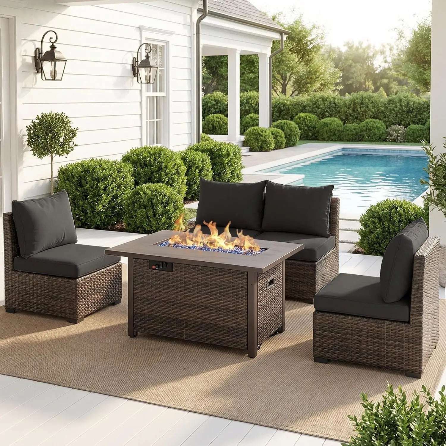 Patio Furniture Set with Fire Pit Table, Outdoor Sectional Rattan Sofa Set