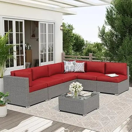 7-Piece Outdoor Patio Furniture Sofa Set Glass Top Table and Cushions(Red)