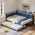 Corner Full Bed Frame with Trundle, Upholstered Storage Headboard