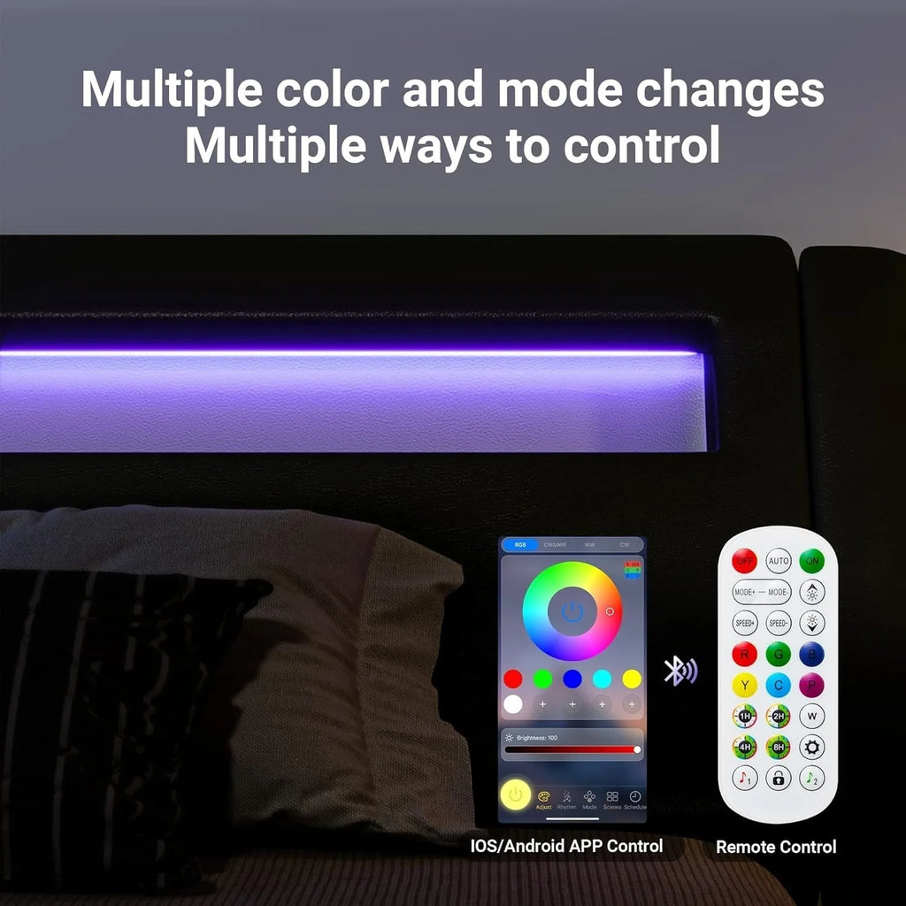 LED Platform Bed Frame with Adjustable Headboard/Need/Easy Assembly/Faux Leather Black, Customized