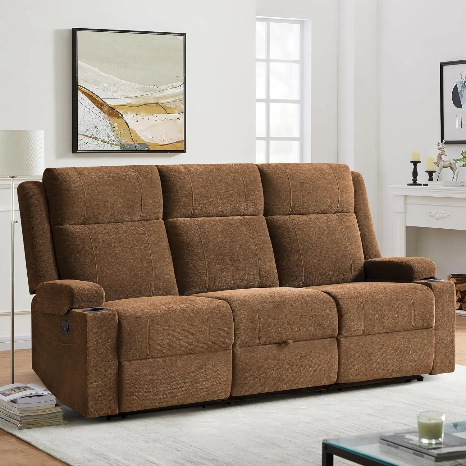 Large Manual Reclining Sofa 3 Seater Chenille Fabric, Multiple Colors