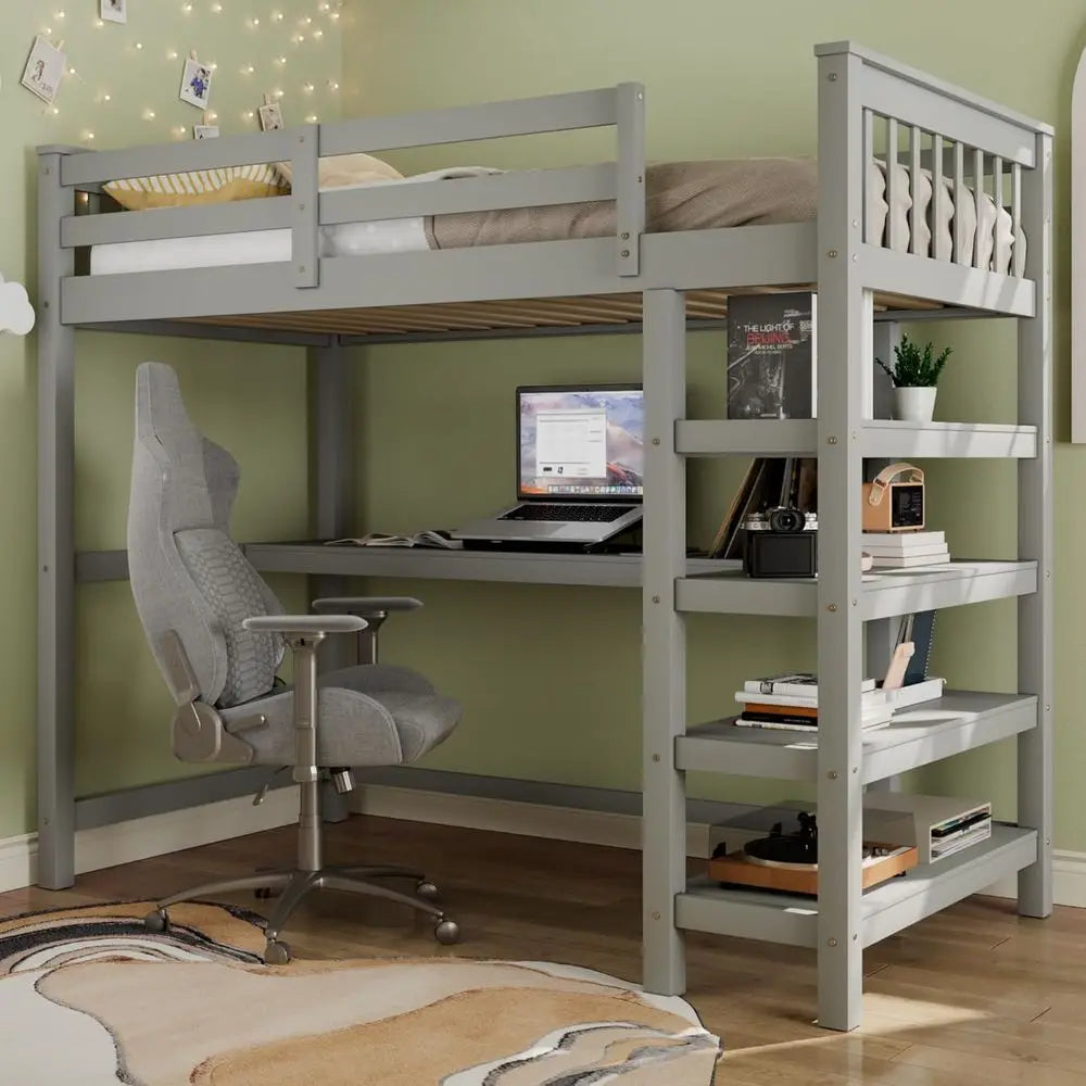 Full-Size Loft Bed with Desk, 4 Storage Shelves, and Underbed Workstation