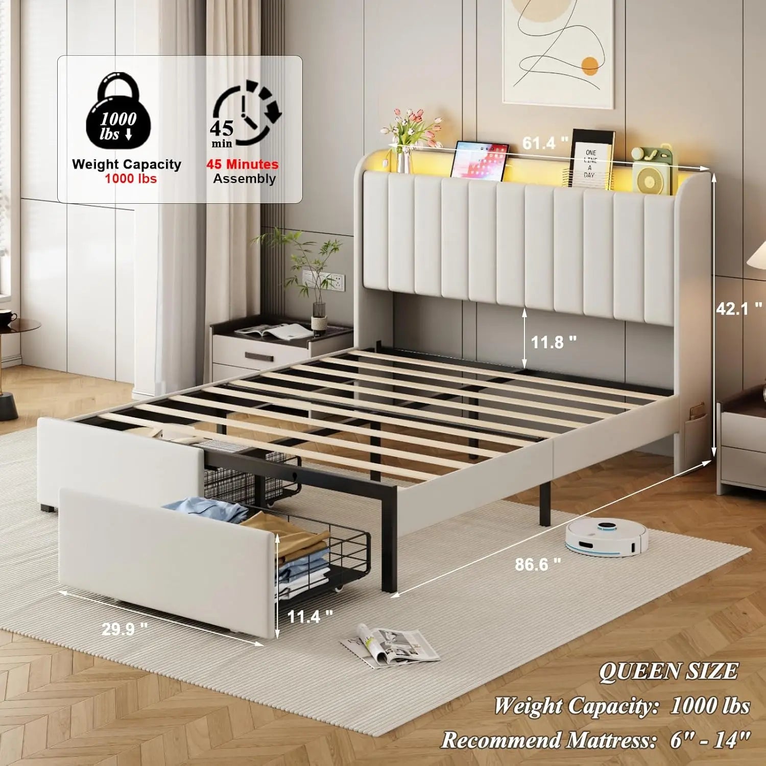 Queen Size Bed Frames with Storage Headboard and 2 Drawers