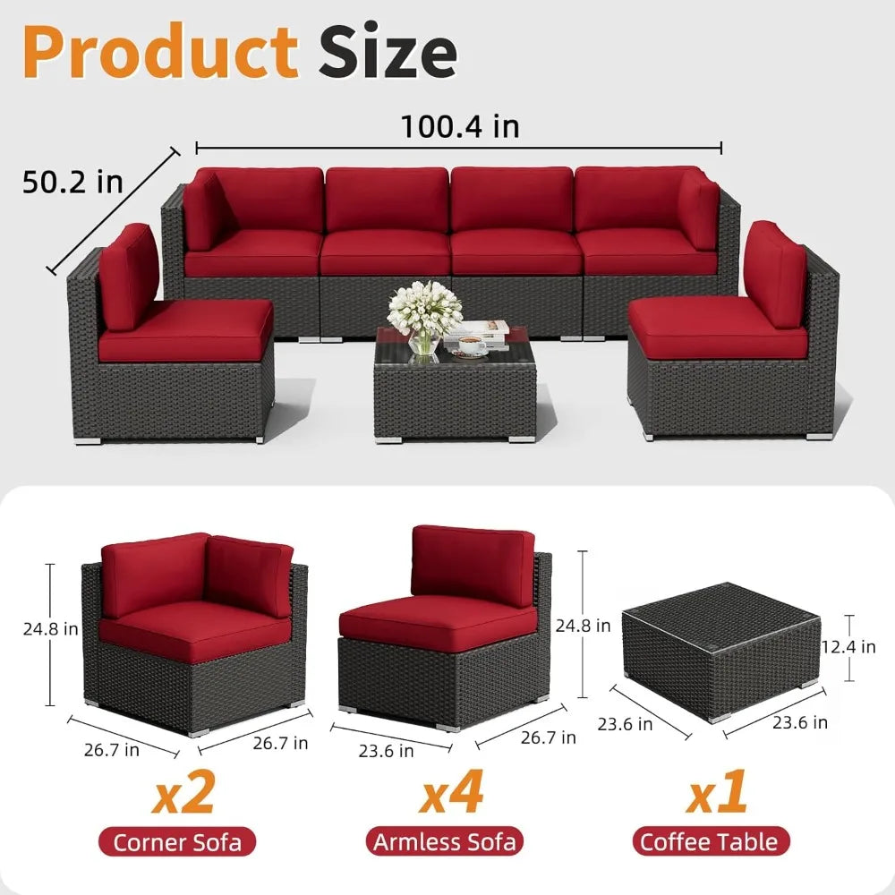 7-Piece Outdoor Patio Furniture Sofa Set Glass Top Table and Cushions(Red)