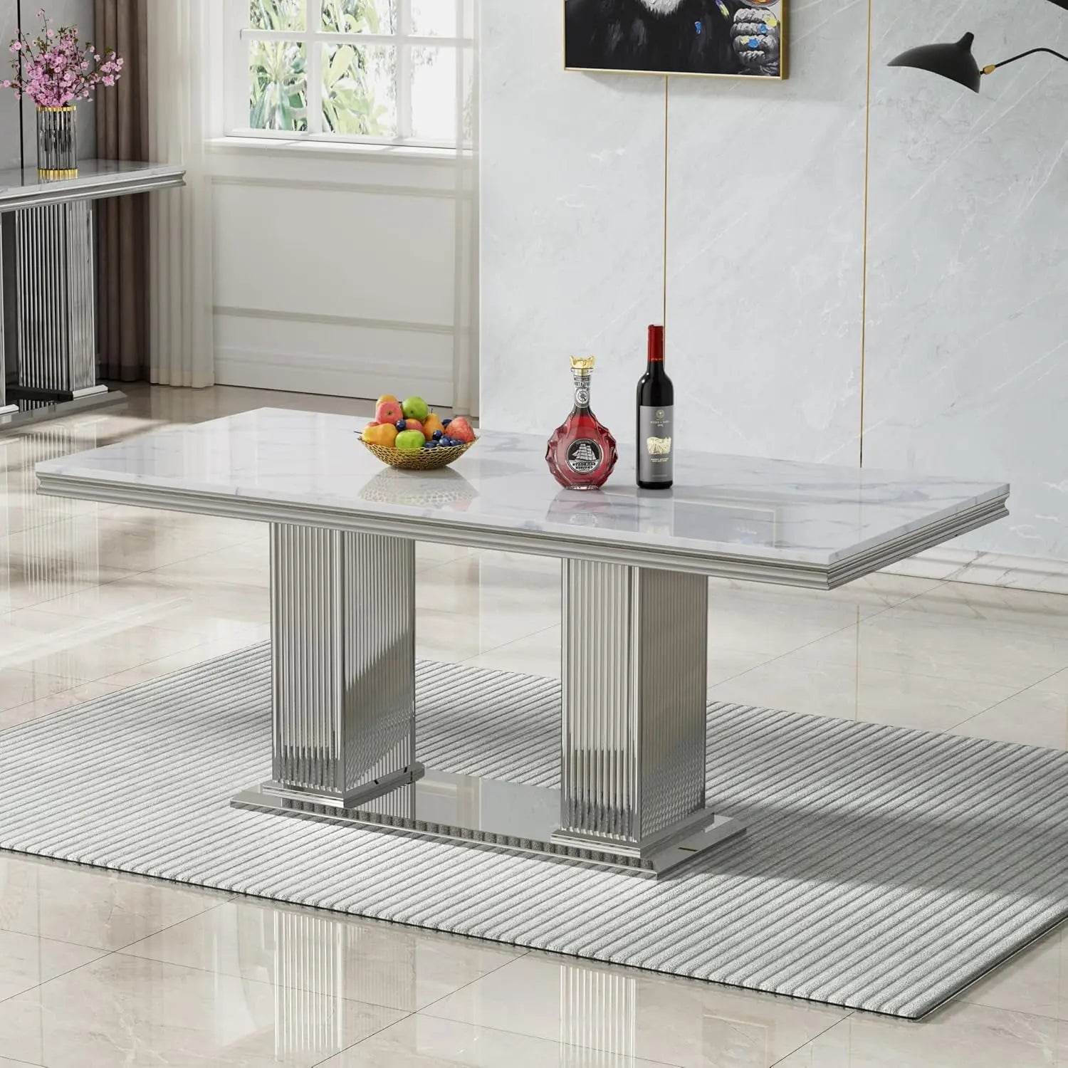 Modern White Marble Dining Table for 6-8 Rectangle 68" Faux Marble Kitchen