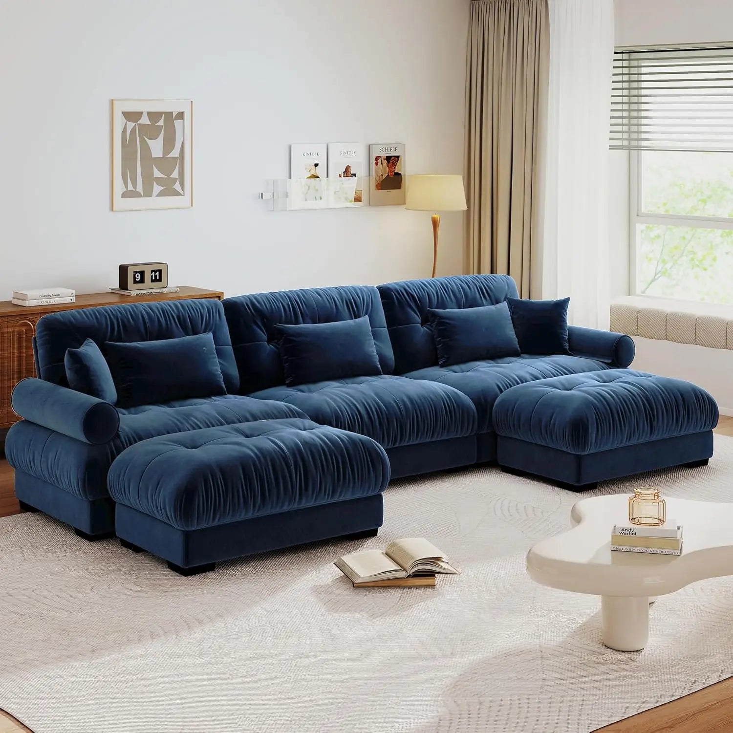 130" U Shaped Modular Sectional Sofa with Ottoman Deep Seat Velvet