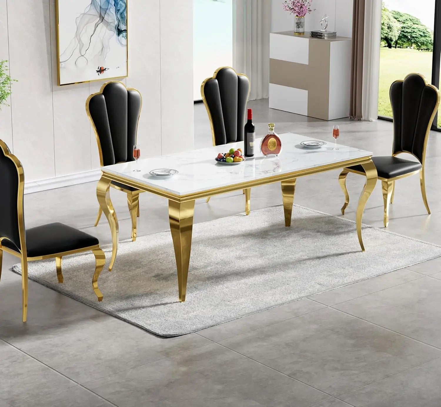 Modern White Marble Dining Table for 6-8 Rectangle 68" Faux Marble Kitchen