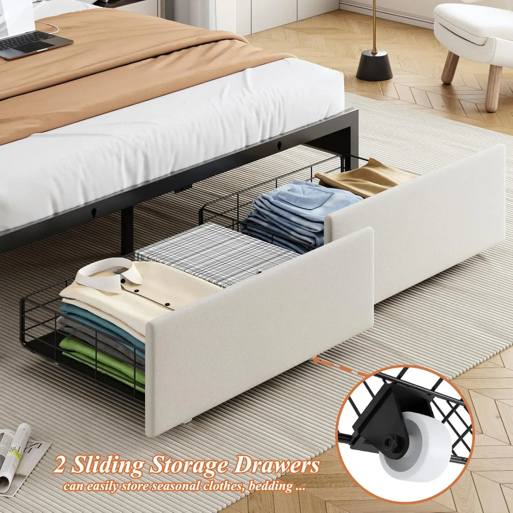 Queen Size Bed Frames with Storage Headboard and 2 Drawers