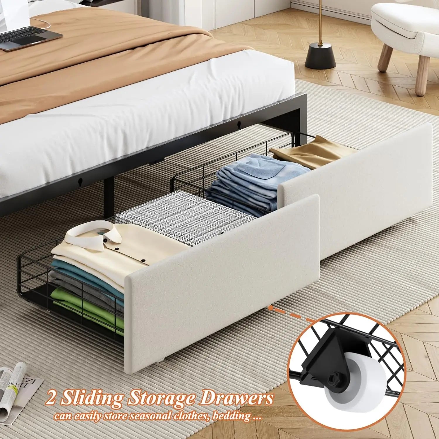 Queen Size Bed Frames with Storage Headboard and 2 Drawers