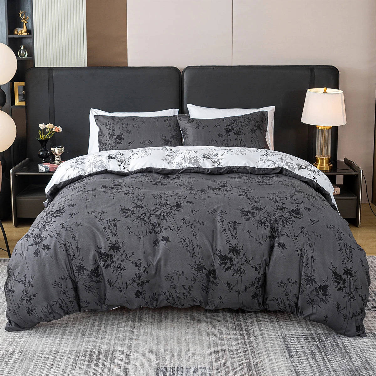 Black and White Plant Print Three-Piece Duvet Cover Set (T-K)