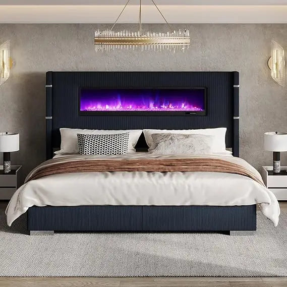 Modern King Size Bed Frame with Fireplace headboard