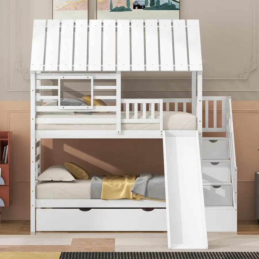 Harper Bright Designs Kids Bunk Beds with extra trundle,  slide and stairs. Tree house like.