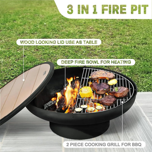 32In Fire Pit Table With Lid Heavy Duty Deep Fire Bowl Easy Install